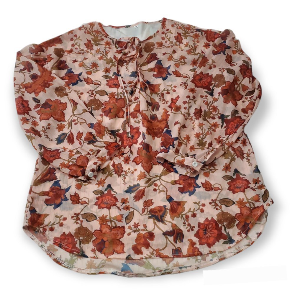 𝅺Hi-low floral print orange cream Medium blouse top